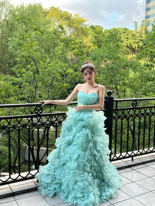 Lake Blue Strapless Waist-Cinched Tiered Tulle Floor-Length Prom Dress R7096