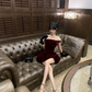 Dark red suspender waist slim hip bud skirt short skirt homecoming dress R5085