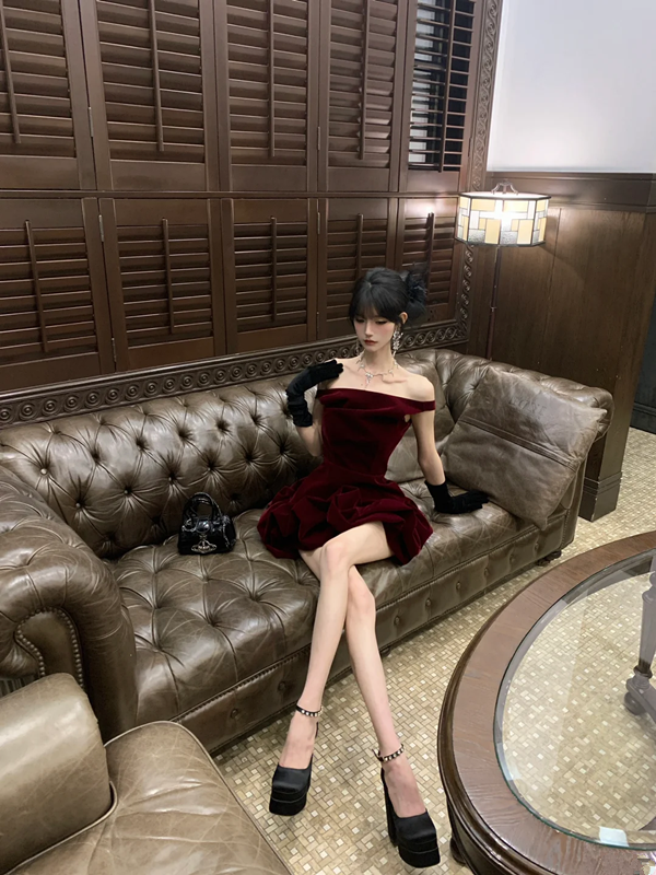 Dark red suspender waist slim hip bud skirt short skirt homecoming dress R5085