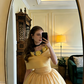 Light yellow off-shoulder fitted waist puff skirt long princess ball gown R8620