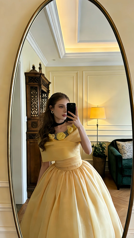 Light yellow off-shoulder fitted waist puff skirt long princess ball gown R8620