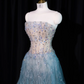 Light gray-blue strapless, fitted waist, full skirt, long ball gown R8923