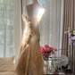 Light brown halter-neck fitted long ball gown with an asymmetrical hem R7763