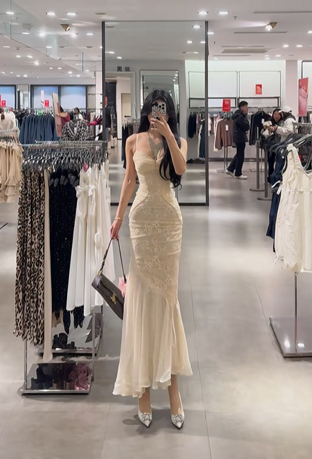 Light apricot spaghetti strap waist-cinching slim-fit mermaid sexy prom dress R7923