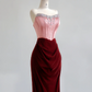 Pink strapless dress with deep red bodycon design, sexy long ball gown R8171