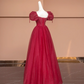 Red puff sleeves, delicate neckline, fitted waist, long ball gown, bridal dress R8492