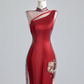 Red one-shoulder fitted waist slim-fitting hip-hugging sexy long ball gown R8150