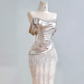 Silver off-the-shoulder fitted bodice, light pink bodycon long ball gown R8202