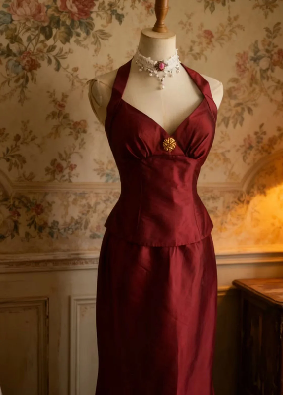 Red halter-neck fitted top and bodycon long skirt suit for a ballroom gown R6697