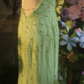 Light green halter neck strap fitted waist long ball gown/bridal dress R7269