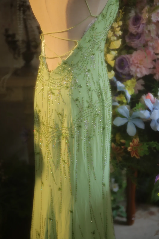 Light green halter neck strap fitted waist long ball gown/bridal dress R7269