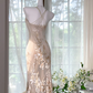Light pink floral print halter-neck fitted long ball gown R7651