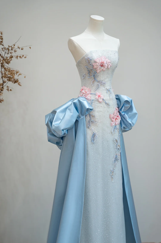 Light blue strapless fitted long ball gown R8893