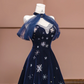 Dark blue strapless, fitted A-line long ball gown R8378