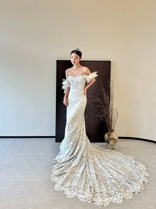 White tube top lace waist slim fishtail sexy long dress bridal gown R6058