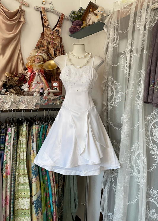 White halter-neck A-line mini dress, ball gown R6297