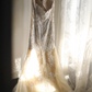 White halter-neck floral-stitched fitted waist, apricot-colored full skirt, bodycon long ball gown, bridal dress R6776