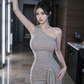 Light brown one-shoulder fitted waist bodycon long sexy ball gown R7536
