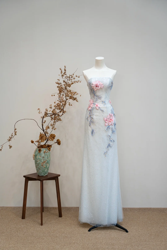 Light blue strapless fitted long ball gown R8893