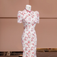 Red floral print, Chinese-style neckline, fitted waist, slimming silhouette, sexy long ball gown R8402