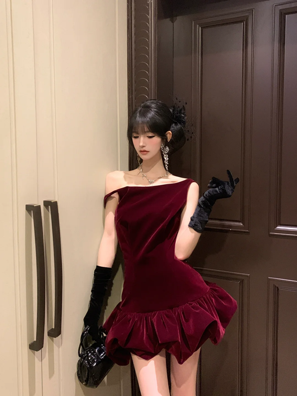 Dark red suspender waist slim hip bud skirt short skirt homecoming dress R5085