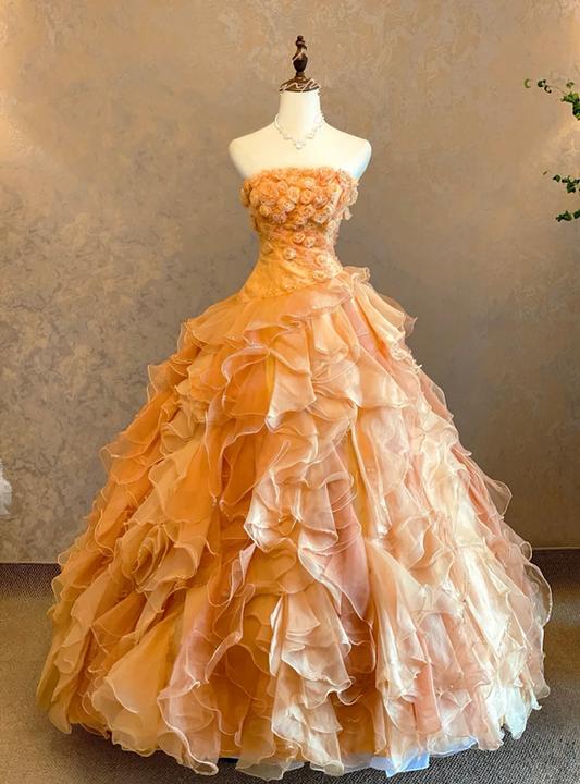 Orange strapless 3D floral dress, fitted waist, full skirt, long ball gown/bridal gown R7229