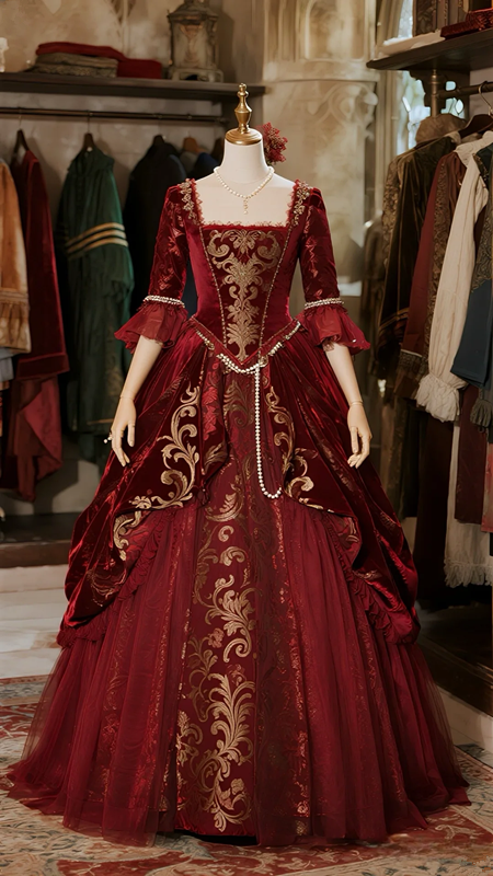 Red long-sleeved waist classical temperament puffy skirt long dress ball gown, bridal gown R6098