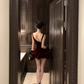 Dark red suspender waist slim hip bud skirt short skirt homecoming dress R5085