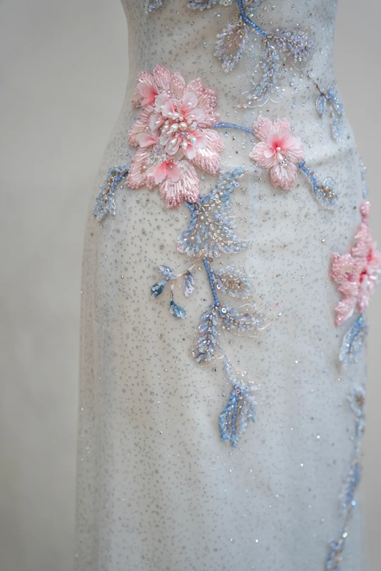 Light blue strapless fitted long ball gown R8893