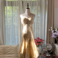 Light brown halter-neck fitted long ball gown with an asymmetrical hem R7763
