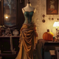 A sexy ball gown with a gray-green halter top and a long brown skirt R8123