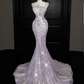 Silver Spaghetti-Strap Rhinestone-Embellished Fitted-Waist Slim-Fit Hip-Hugging Mermaid-Length Prom Dress R6497
