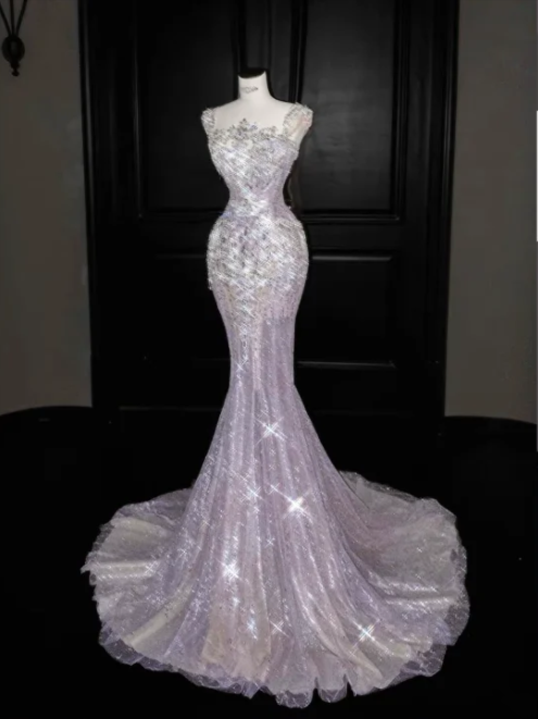 Silver Spaghetti-Strap Rhinestone-Embellished Fitted-Waist Slim-Fit Hip-Hugging Mermaid-Length Prom Dress R6497