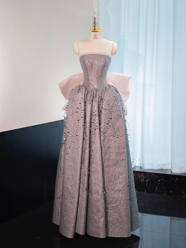 Gray strapless fitted long ball gown R8983