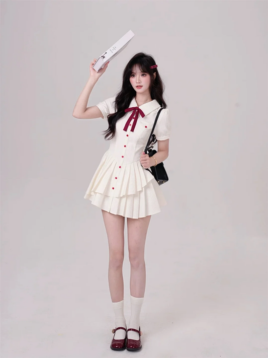 White short-sleeved slim waist irregular design pleated A-line short skirt homecoming dress R5267