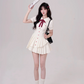 White short-sleeved slim waist irregular design pleated A-line short skirt homecoming dress R5267