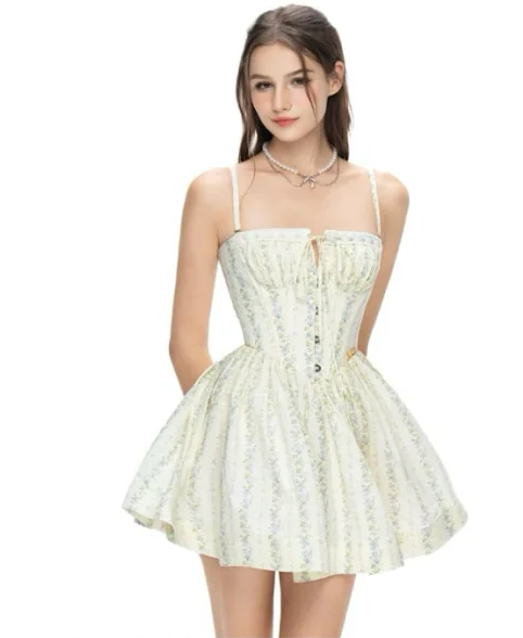 Light green floral halter waist bud skirt short skirt homecoming dress R4760