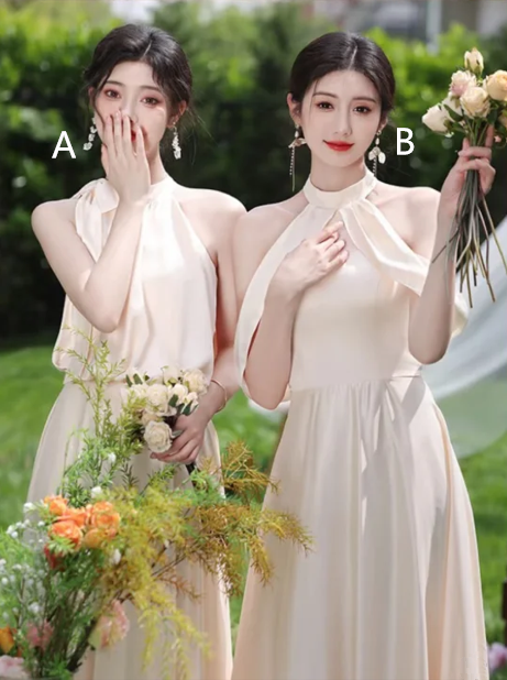 Light champagne color slim waist elegant ball gown, bridesmaid dress R6119