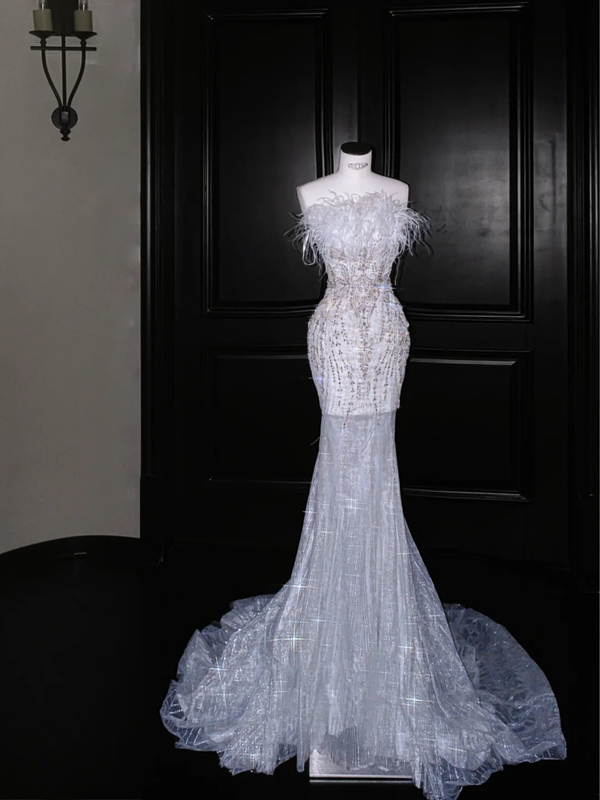 White tube top feather waist slim sequin fishtail maxi dress, prom dress R5662