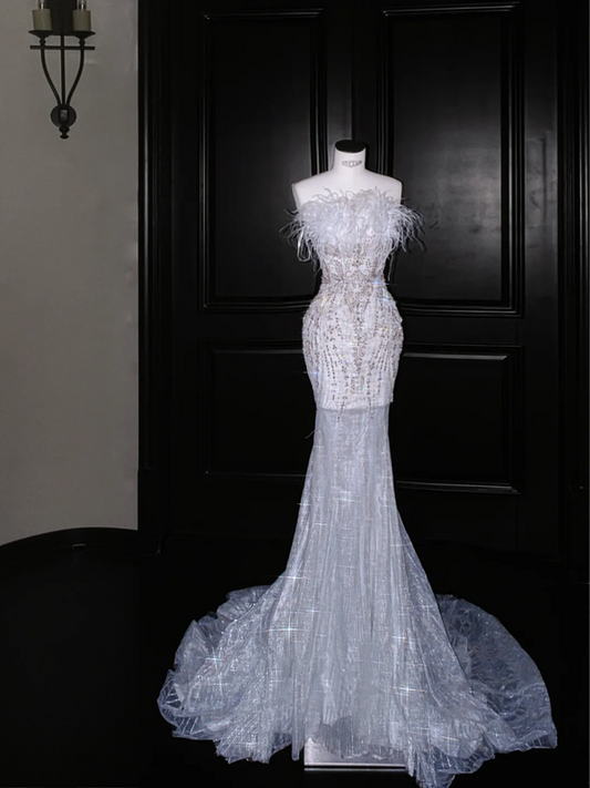 White tube top feather waist slim sequin fishtail maxi dress, prom dress R5662