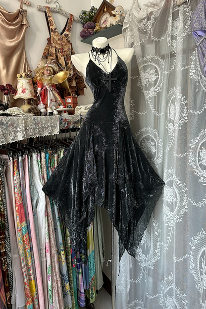 Black halter neck slim waist irregular skirt short ball gown R6178
