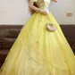 Yellow Off-the-Shoulder Waist-Cinched Puffy-Hem Long-Length Ball Gown, Bridal Gown R7330