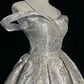 Silver retro pattern suspenders one shoulder waist slimming princess skirt homecoming dress R4924