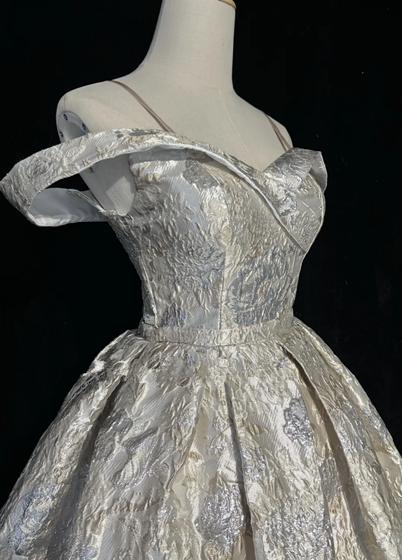 Silver retro pattern suspenders one shoulder waist slimming princess skirt homecoming dress R4924