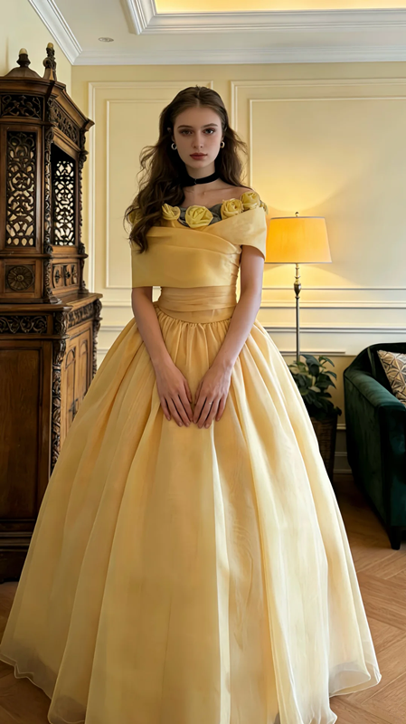 Light yellow off-shoulder fitted waist puff skirt long princess ball gown R8620