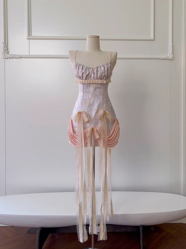 Light purple suspender waist flower bud design skirt short skirt homecoming dress R5006