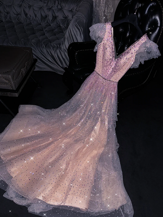 Light pink sequined V-neck fitted A-line long ball gown, bridal dress R8773