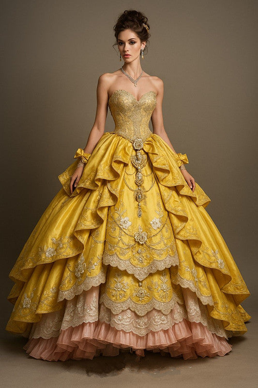 Yellow xiu'hua tube top waist puffy elegant dress, prom dress R5347