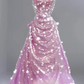 Pink strapless, fitted waist, pleated A-line skirt, long ball gown R6457