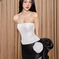 White tube top with waistband, black hip-hugging asymmetrical skirt, homecoming dress R4843